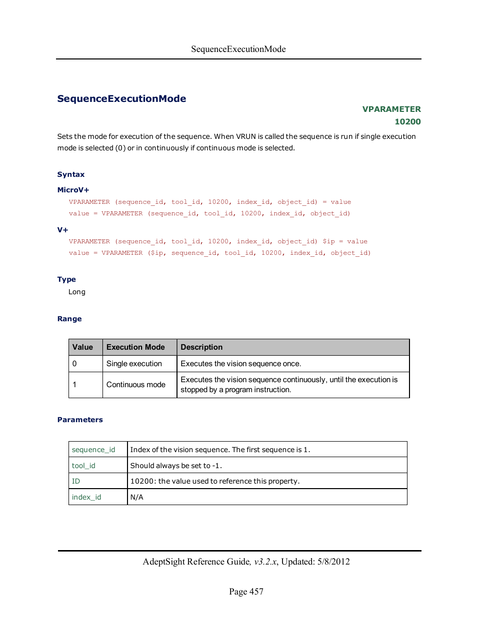 Sequenceexecutionmode | Adept AdeptSight Reference Guide User Manual | Page 457 / 579