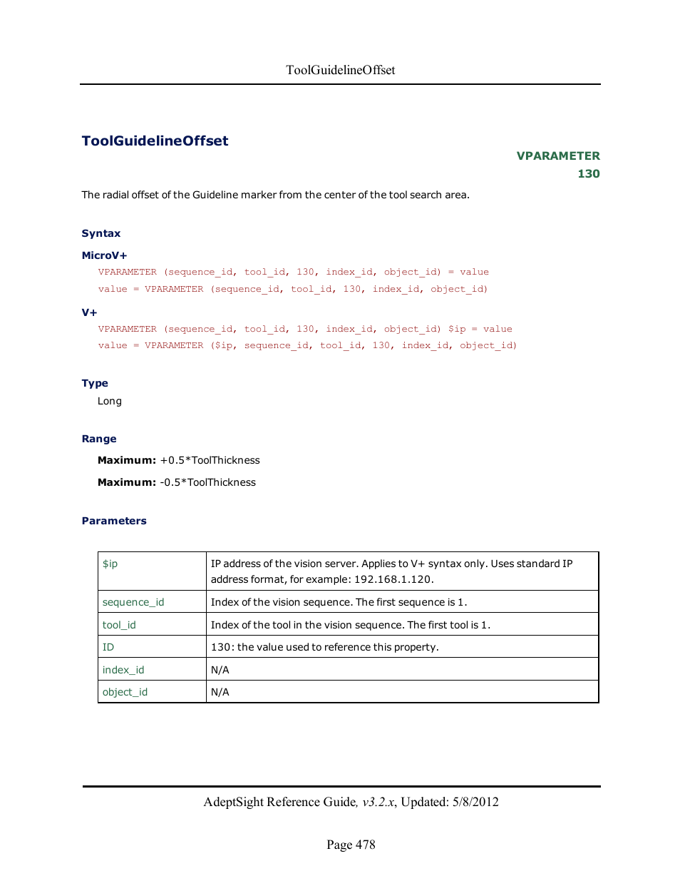 Toolguidelineoffset | Adept AdeptSight Reference Guide User Manual | Page 478 / 579