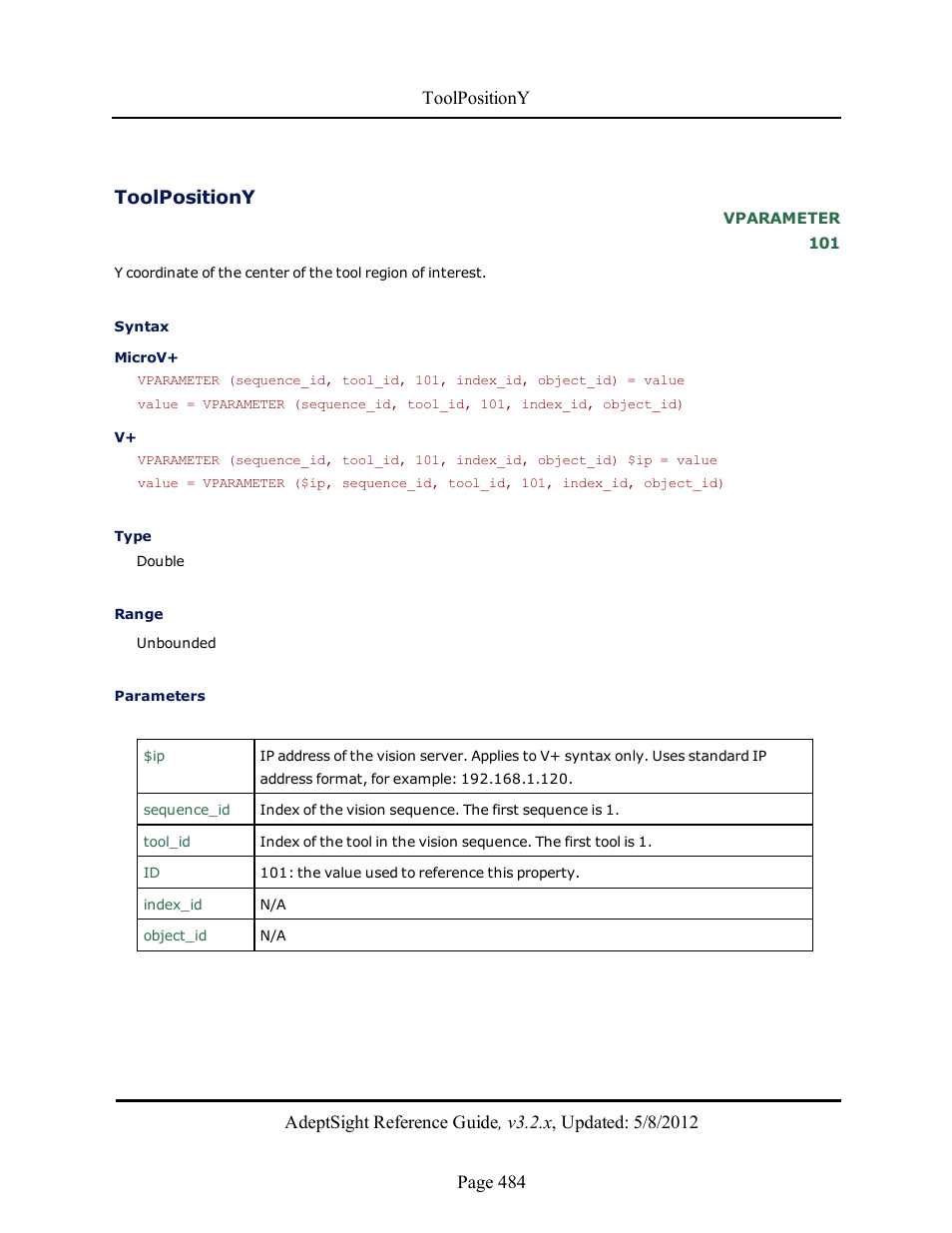 Toolpositiony | Adept AdeptSight Reference Guide User Manual | Page 484 / 579