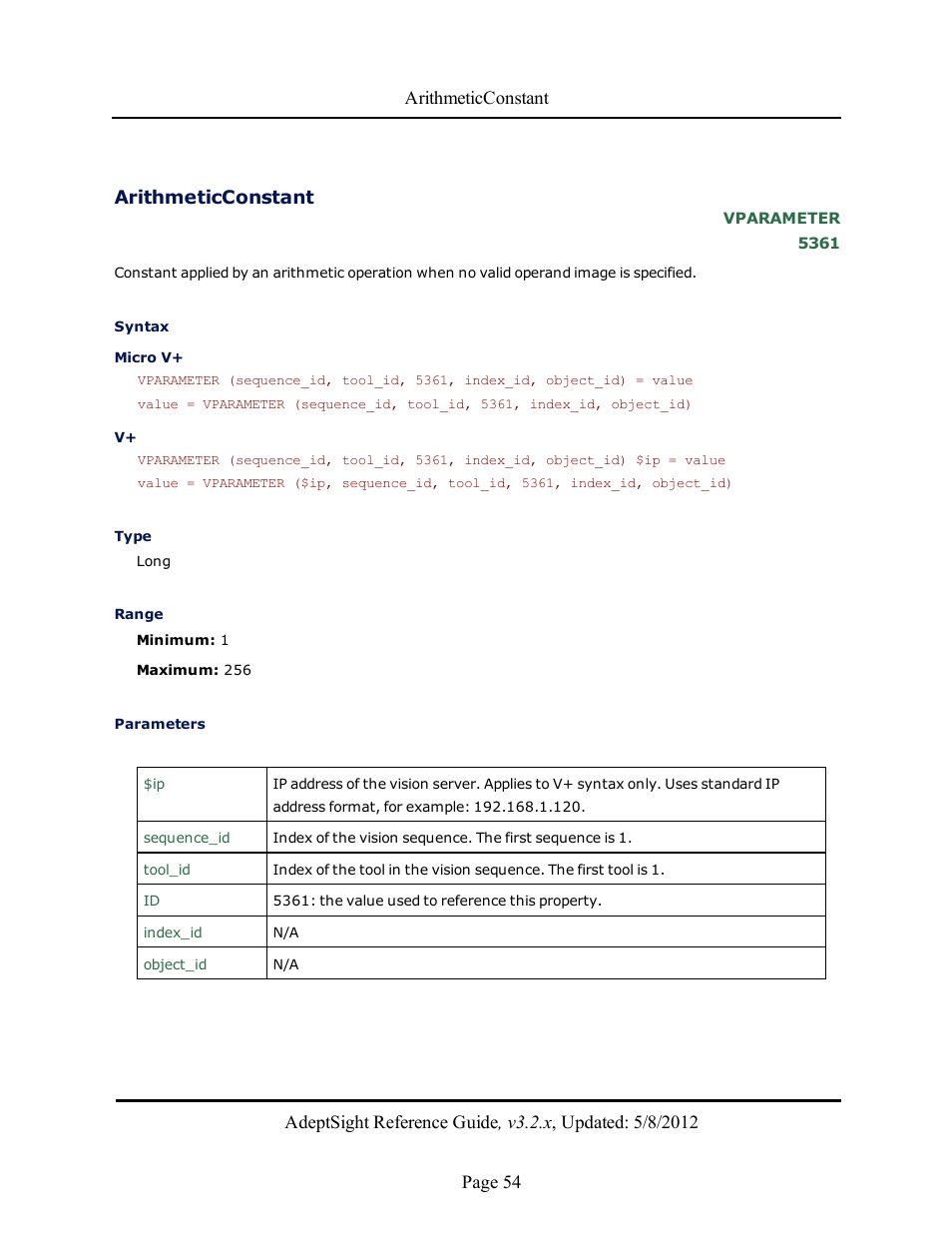 Arithmeticconstant | Adept AdeptSight Reference Guide User Manual | Page 54 / 579