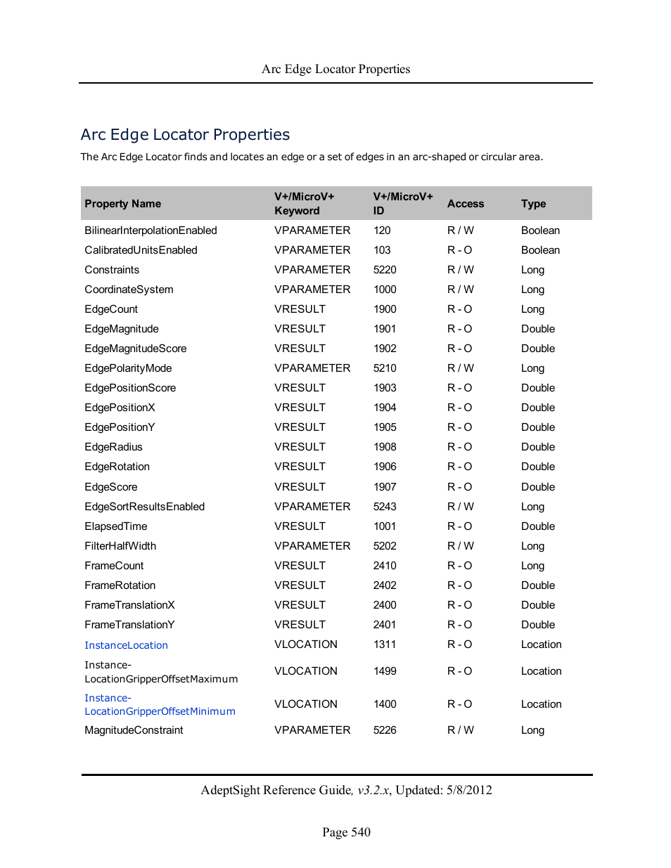Arc edge locator properties | Adept AdeptSight Reference Guide User Manual | Page 540 / 579