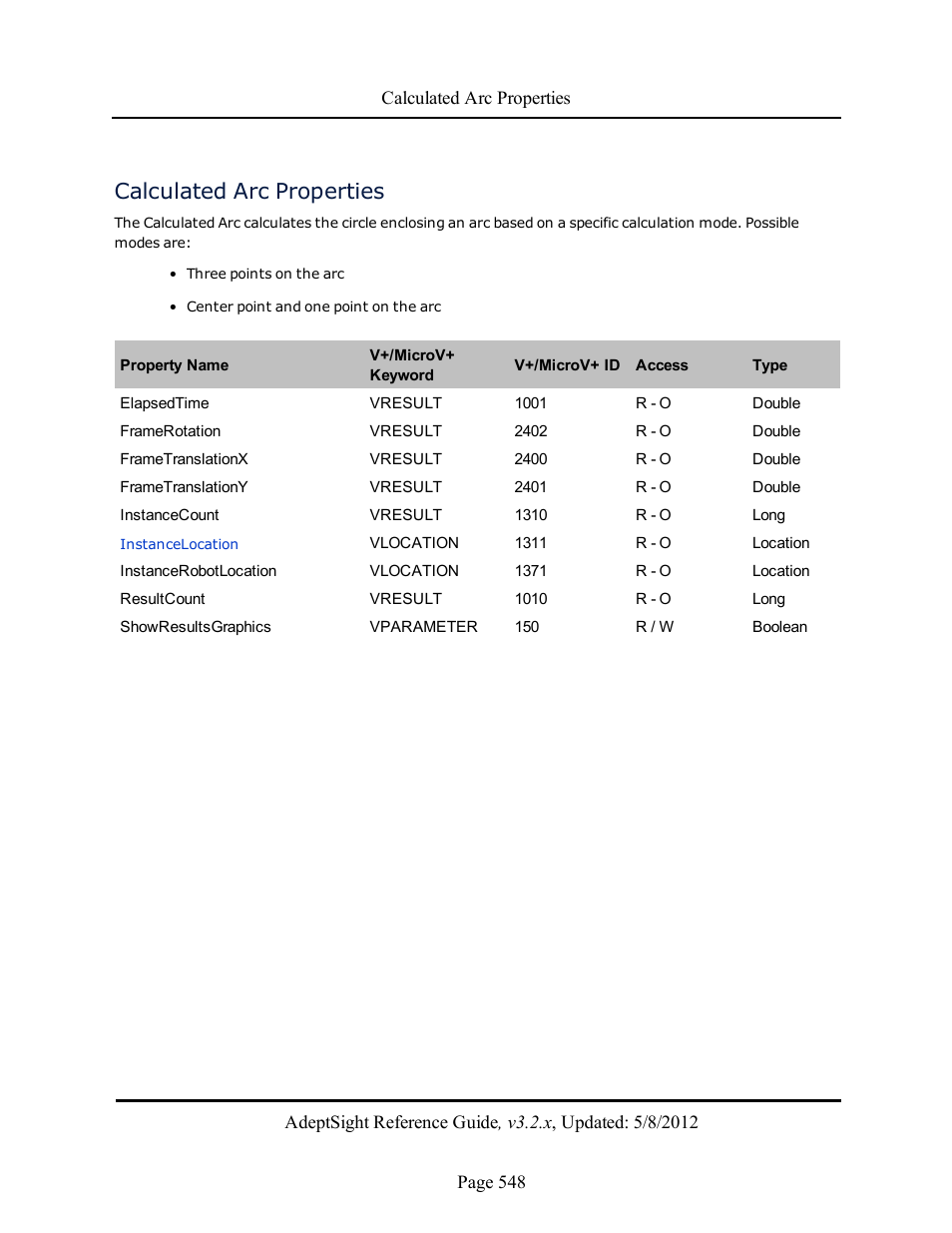 Calculated arc properties | Adept AdeptSight Reference Guide User Manual | Page 548 / 579