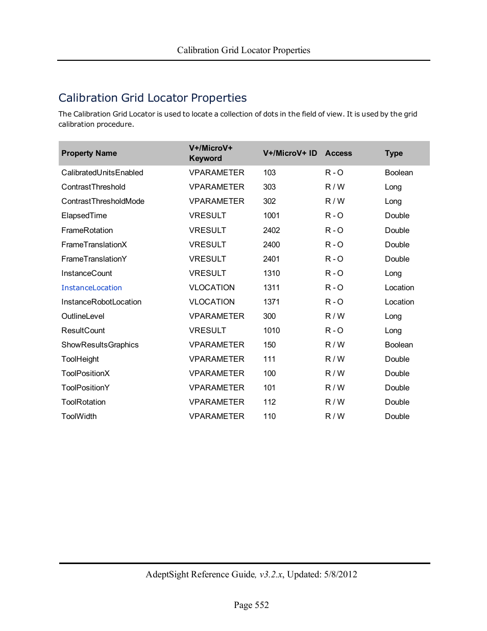 Calibration grid locator properties | Adept AdeptSight Reference Guide User Manual | Page 552 / 579