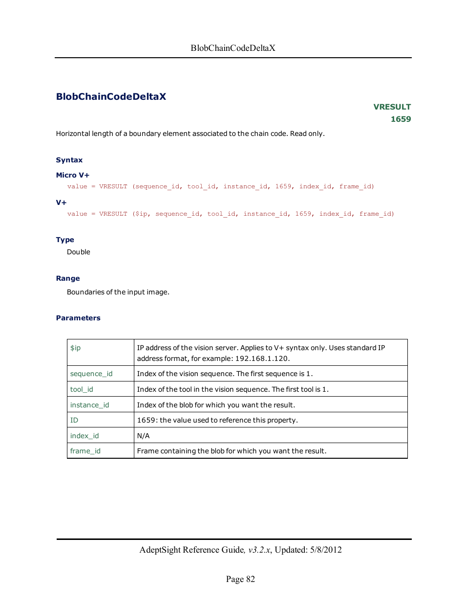 Blobchaincodedeltax | Adept AdeptSight Reference Guide User Manual | Page 82 / 579