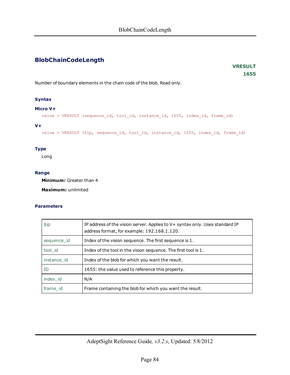 Blobchaincodelength | Adept AdeptSight Reference Guide User Manual | Page 84 / 579