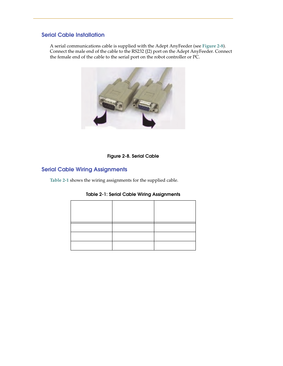 Serial cable installation, Serial cable wiring assignments, Figure 2-8. serial cable | Adept AnyFeeder User Manual | Page 26 / 68