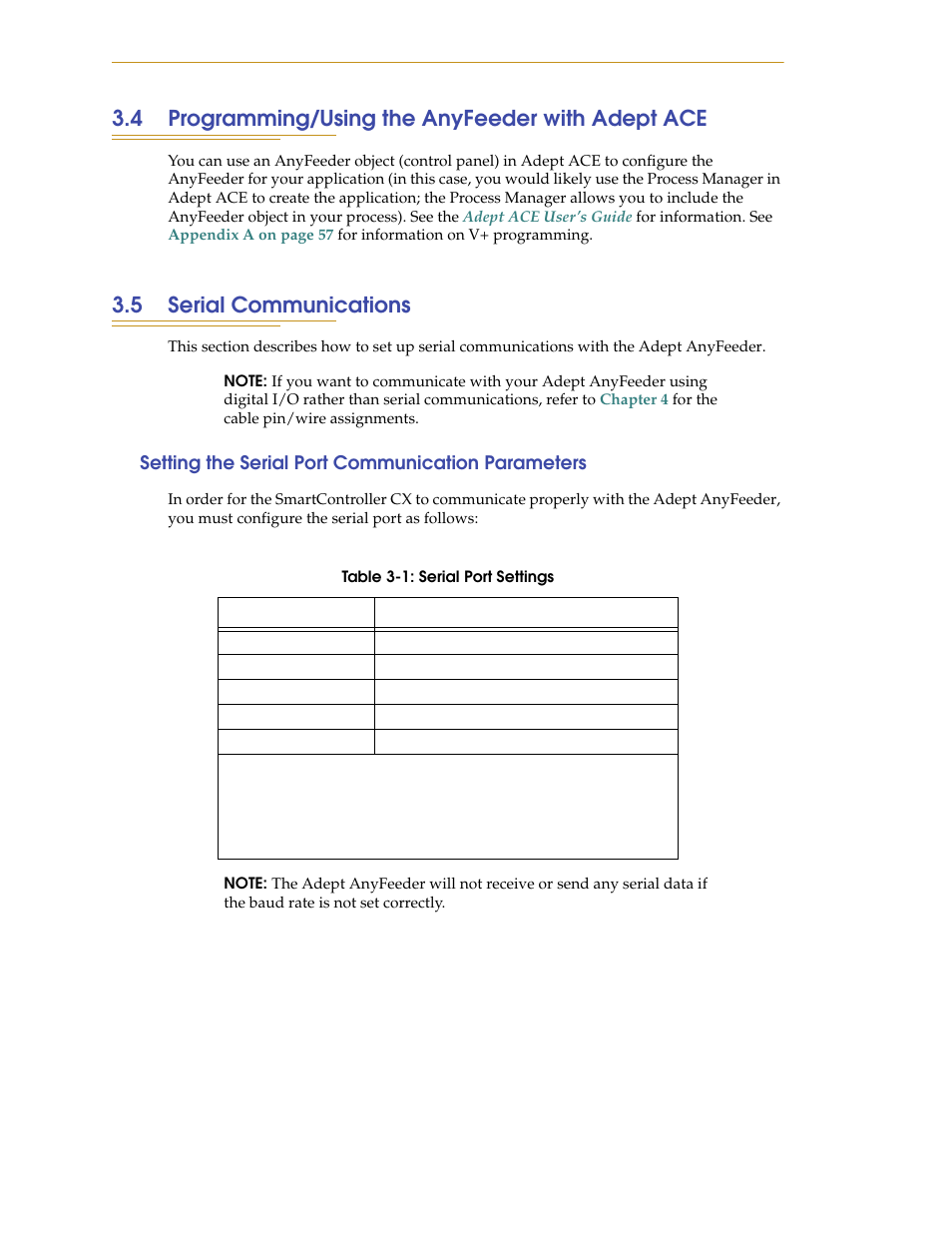 4 programming/using the anyfeeder with adept ace, 5 serial communications, Setting the serial port communication parameters | Adept AnyFeeder User Manual | Page 32 / 68