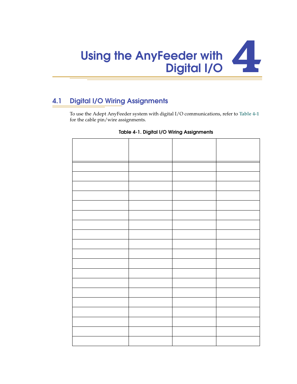 Using the anyfeeder with digital i/o, 1 digital i/o wiring assignments, Chapter 4 | For the | Adept AnyFeeder User Manual | Page 43 / 68