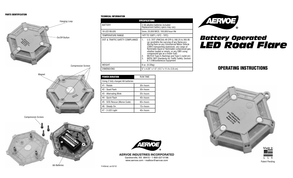 Led road flare, Battery operated, Operating instructions | Aervoe LED Road Flare User Manual | Page 2 / 2
