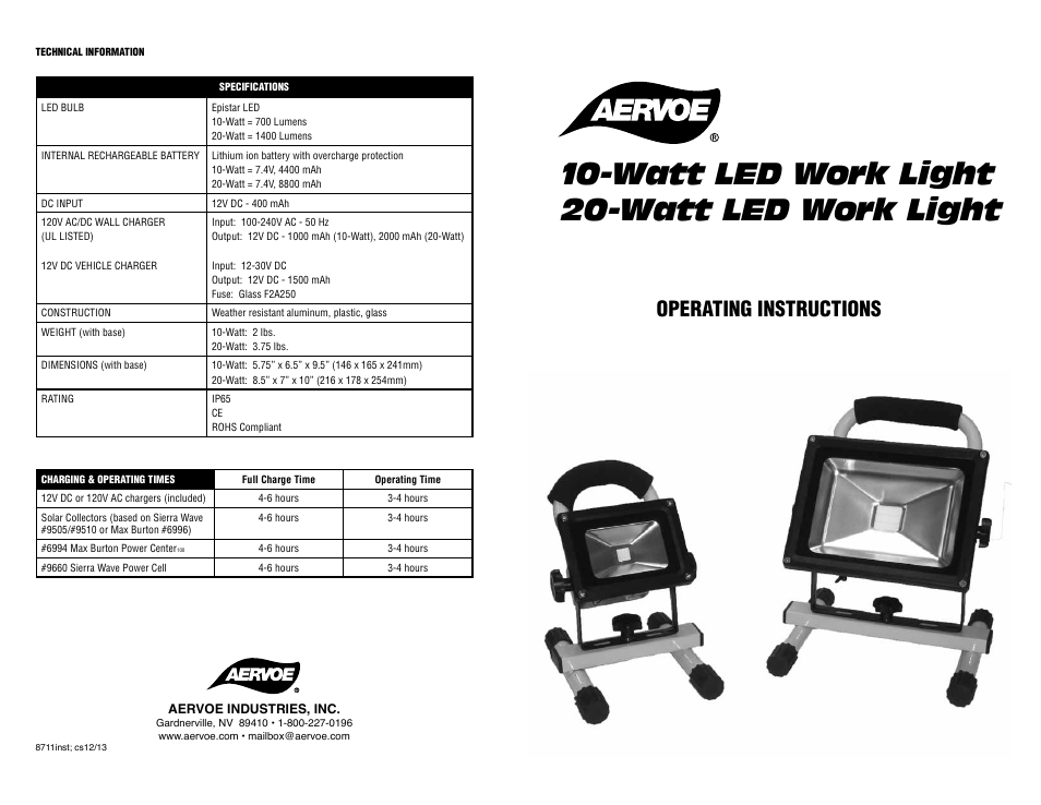 Watt led work light 20-watt led work light, Operating instructions | Aervoe 10-Watt LED Work Light User Manual | Page 2 / 2