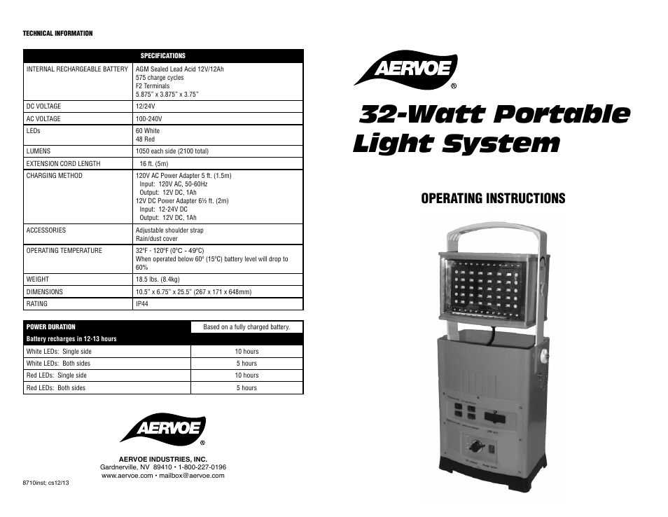 Watt portable light system, Operating instructions | Aervoe 32-Watt Portable Light System User Manual | Page 2 / 2