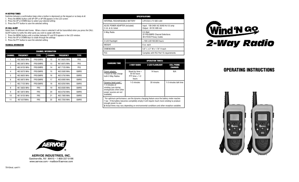 Way radio, Operating instructions, Aervoe industries, inc | Aervoe 2-Way Radio Kit User Manual | Page 2 / 2