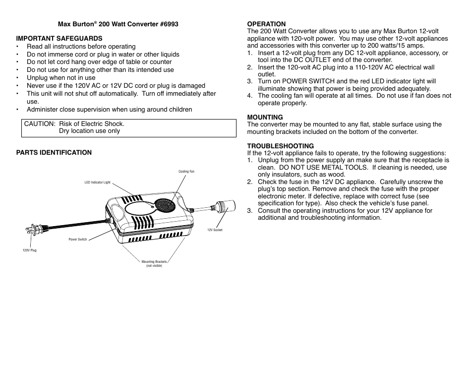 Aervoe 200-Watt Converter User Manual | 2 pages