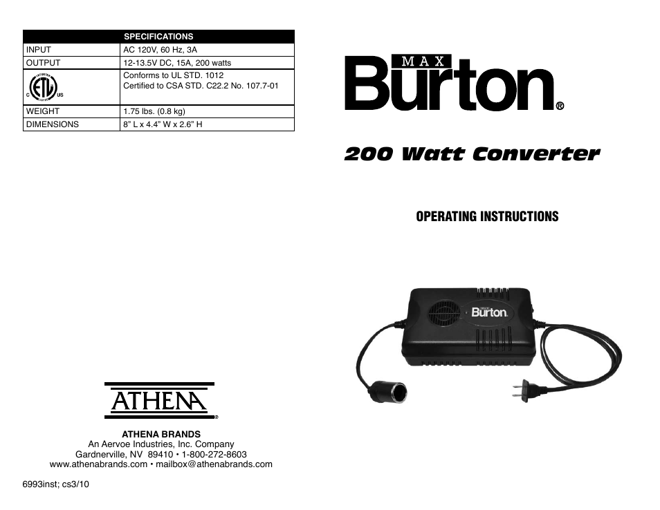 200 watt converter, Operating instructions | Aervoe 200-Watt Converter User Manual | Page 2 / 2