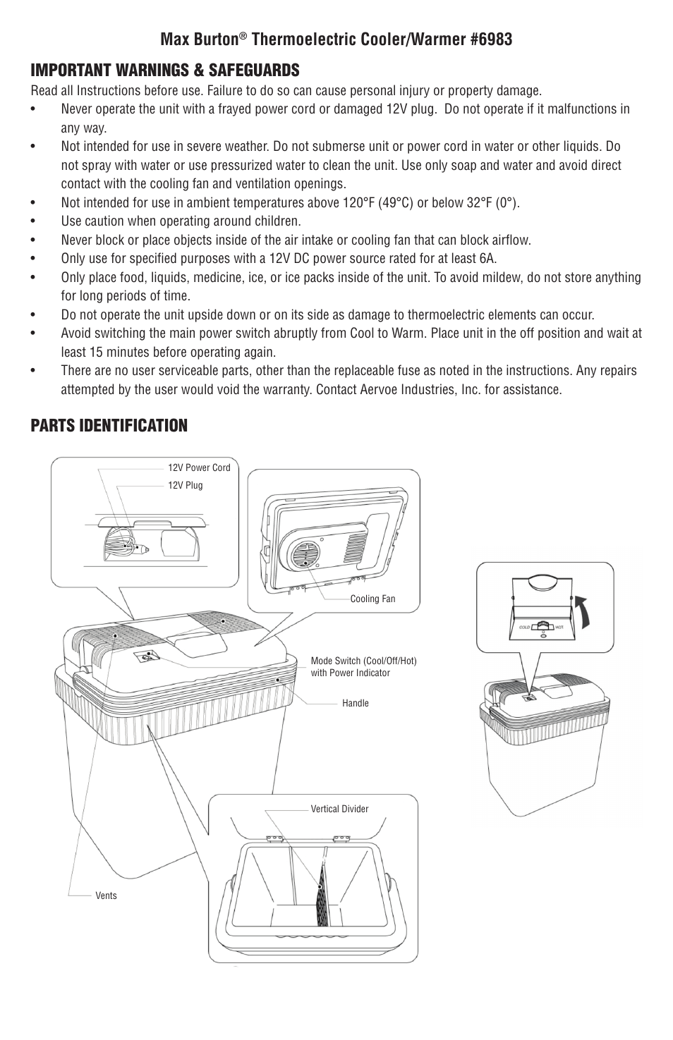 Max burton, Parts identification | Aervoe Thermoelectric Cooler User Manual | Page 2 / 16