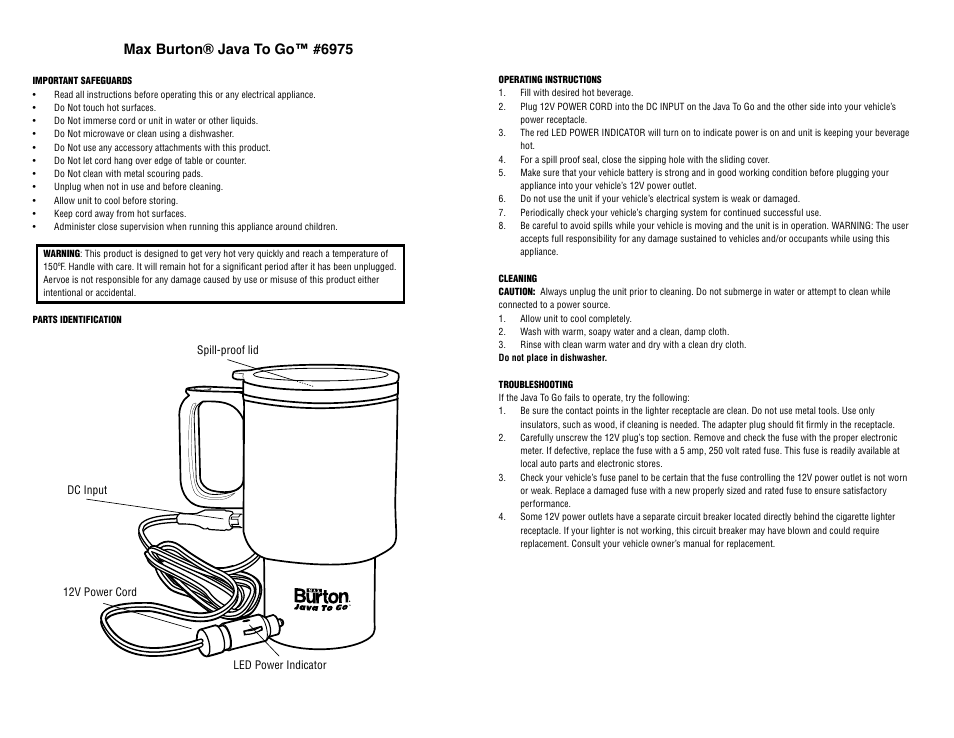 Aervoe Java To Go User Manual | 2 pages