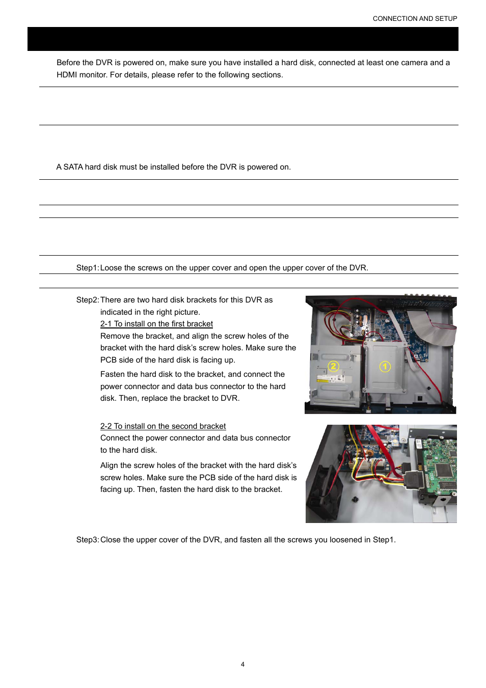 Connection and setup, 1 sata hard disk installation | AGI Security SYS-16A901 User Manual User Manual | Page 10 / 459