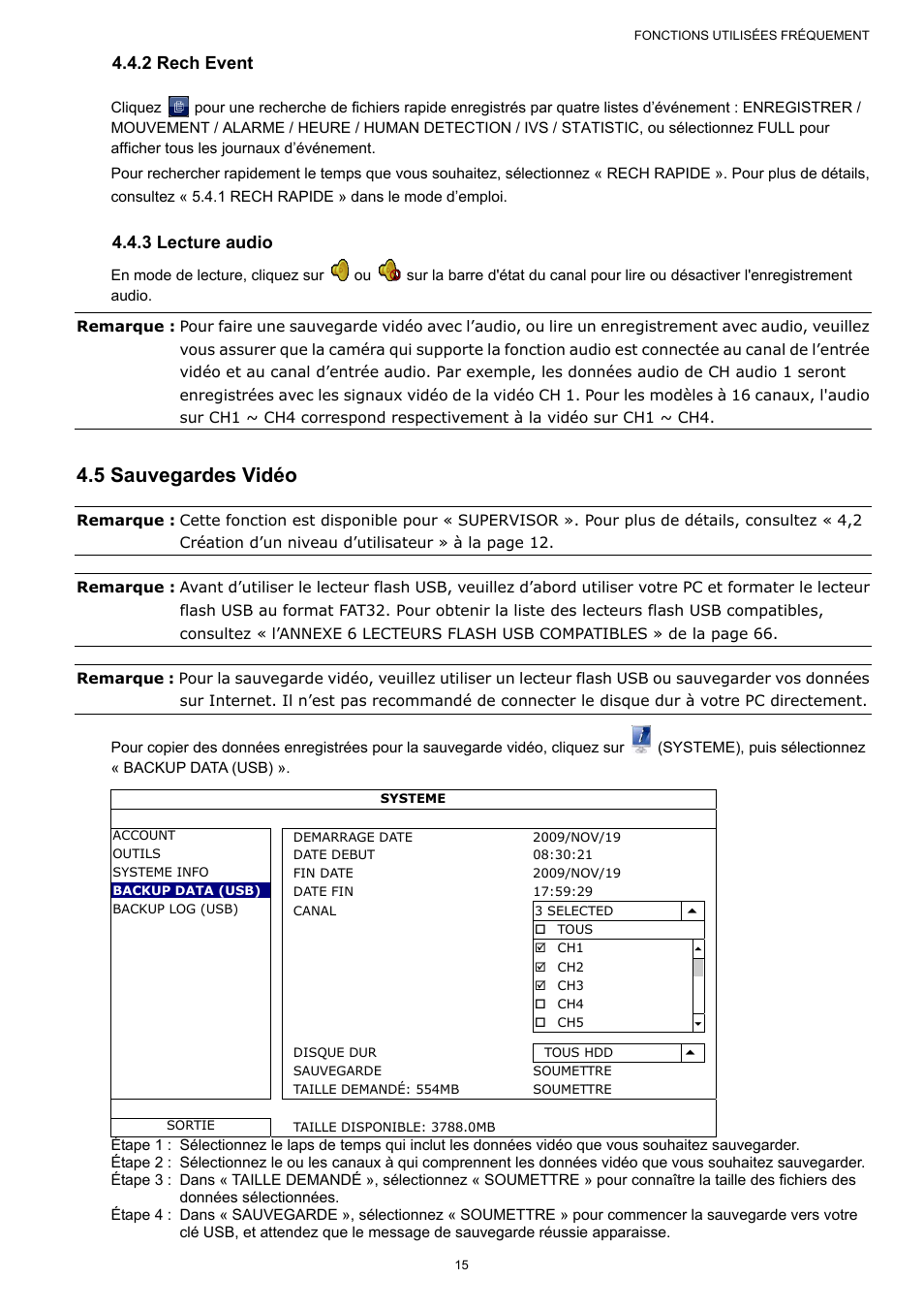 5 sauvegardes vidéo, 2 rech event, 3 lecture audio | AGI Security SYS-16A901 User Manual User Manual | Page 103 / 459