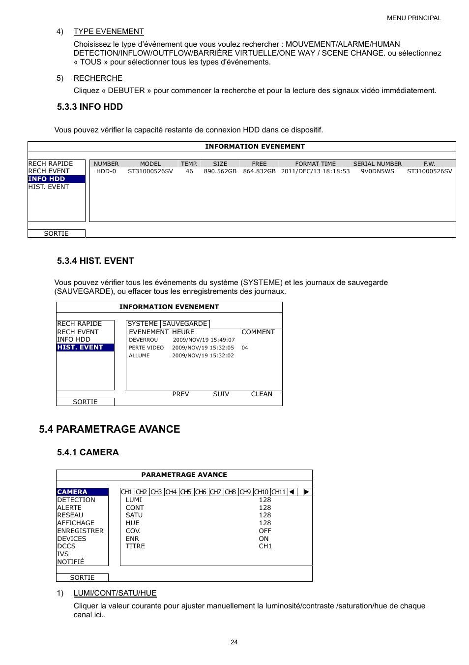 4 parametrage avance, 3 info hdd, 4 hist. event | 1 camera | AGI Security SYS-16A901 User Manual User Manual | Page 112 / 459