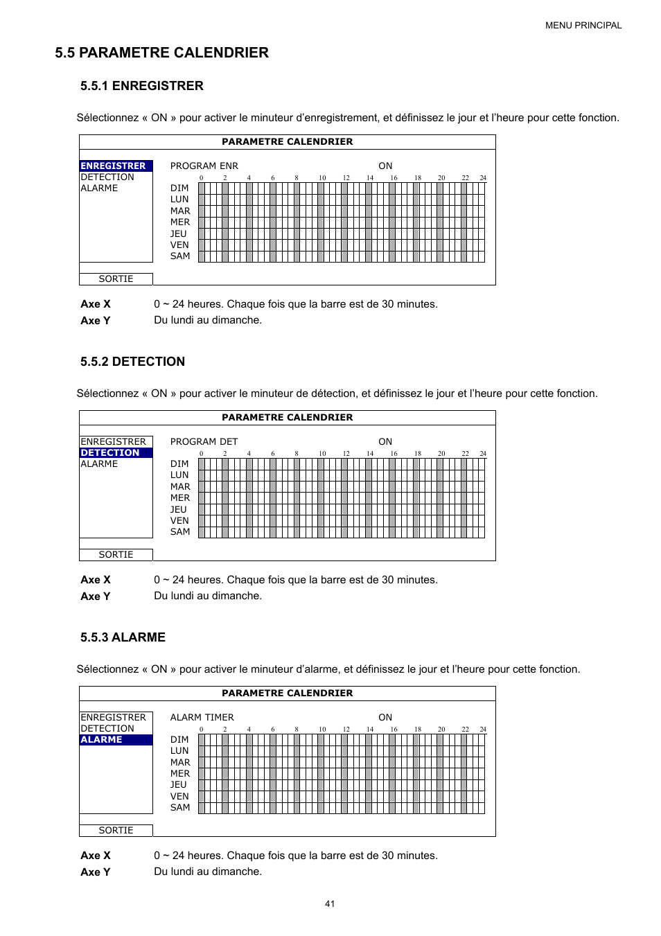 5 parametre calendrier, 1 enregistrer, 2 detection | 3 alarme | AGI Security SYS-16A901 User Manual User Manual | Page 129 / 459