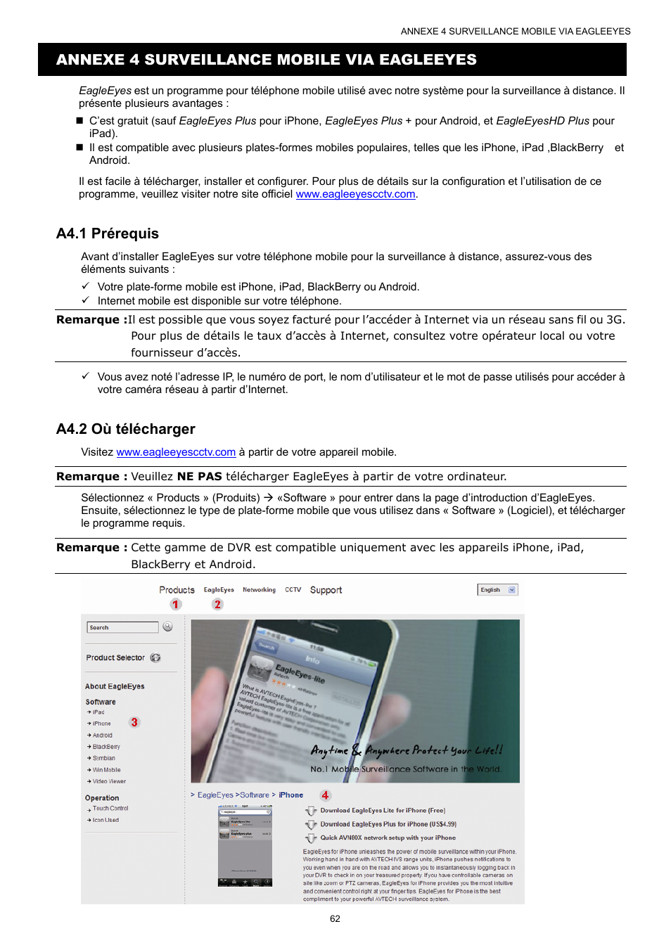 Annexe 4 surveillance mobile via eagleeyes, A4.1 prérequis, A4.2 où télécharger | AGI Security SYS-16A901 User Manual User Manual | Page 150 / 459