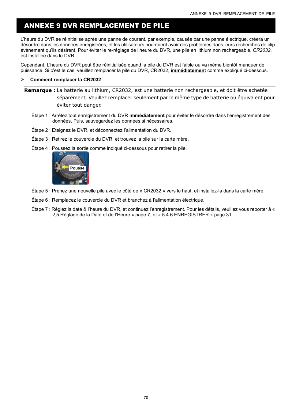 Annexe 9 dvr remplacement de pile | AGI Security SYS-16A901 User Manual User Manual | Page 158 / 459