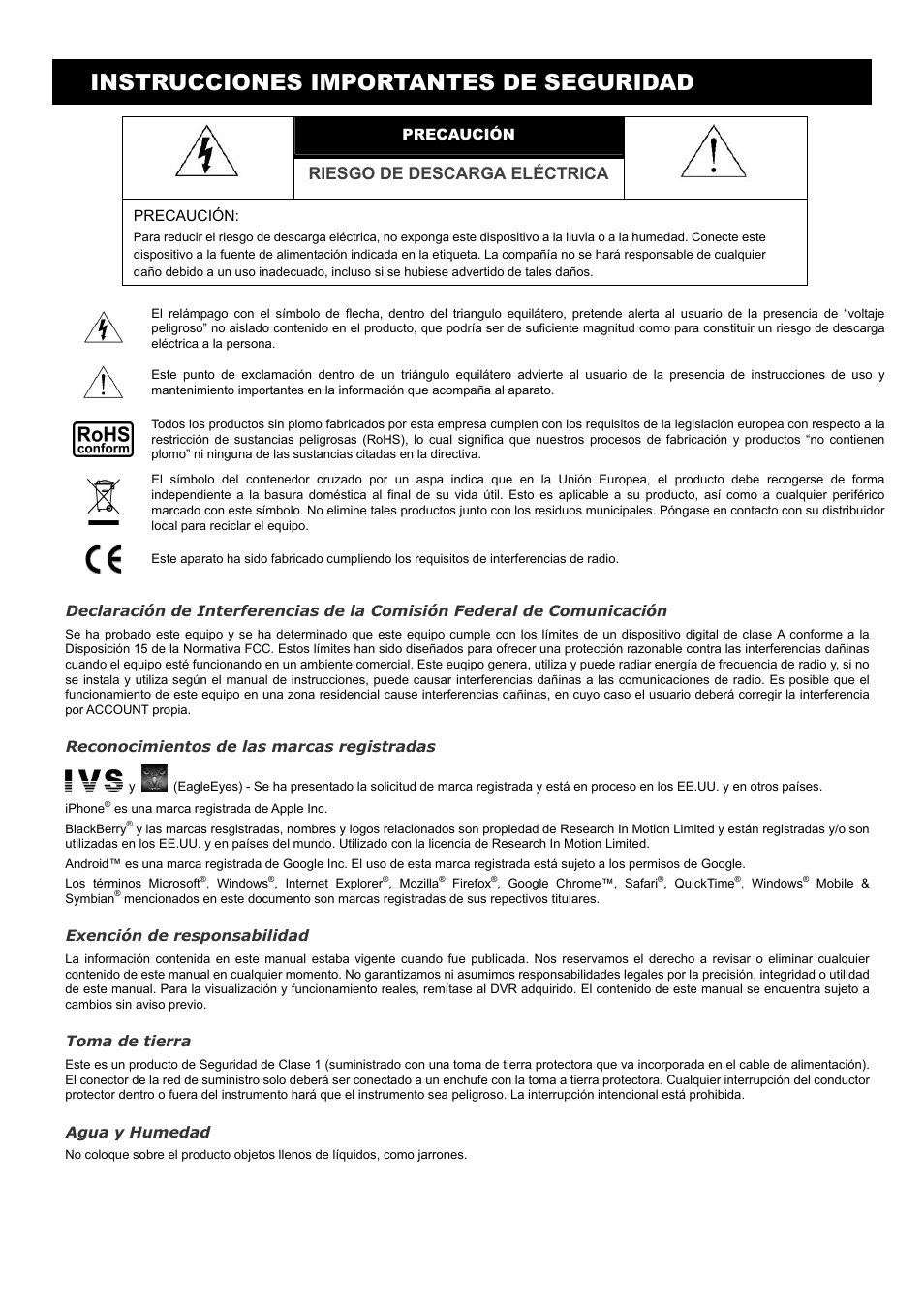 Instrucciones importantes de seguridad, Riesgo de descarga eléctrica | AGI Security SYS-16A901 User Manual User Manual | Page 160 / 459