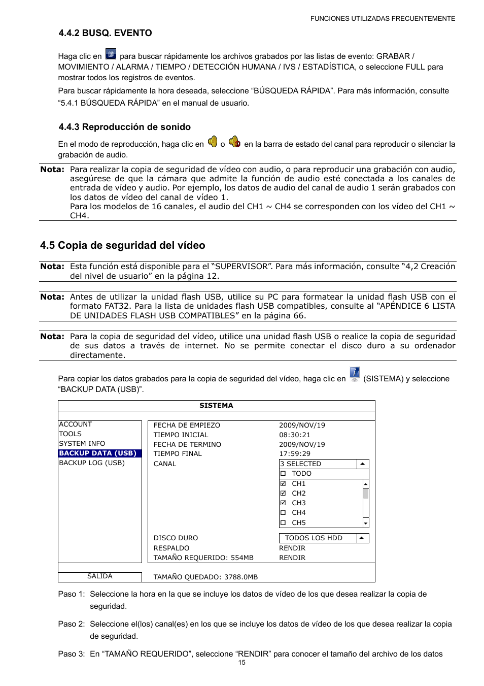 5 copia de seguridad del vídeo, 2 busq. evento, 3 reproducción de sonido | AGI Security SYS-16A901 User Manual User Manual | Page 178 / 459