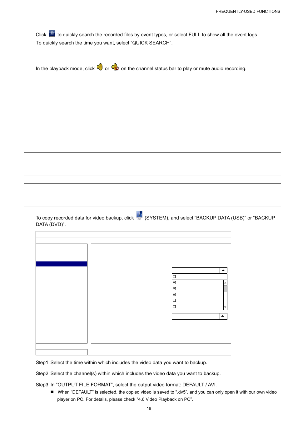 2 event search, 3 audio playback, 5 video backup | AGI Security SYS-16A901 User Manual User Manual | Page 22 / 459