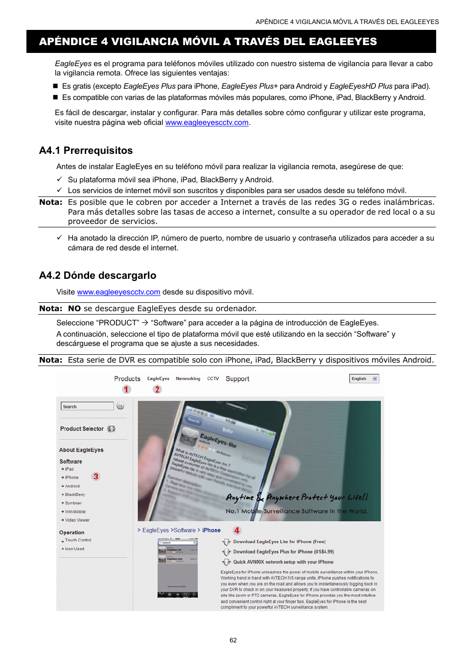 Apéndice 4 vigilancia móvil a través del eagleeyes, A4.1 prerrequisitos, A4.2 dónde descargarlo | AGI Security SYS-16A901 User Manual User Manual | Page 225 / 459