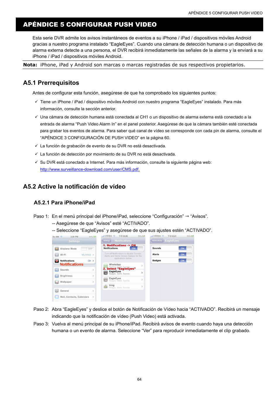 Apéndice 5 configurar push video, A5.1 prerrequisitos, A5.2 active la notificación de vídeo | AGI Security SYS-16A901 User Manual User Manual | Page 227 / 459