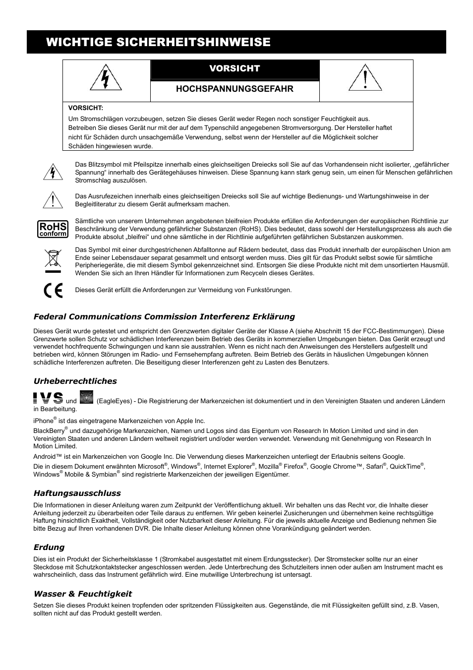 Wichtige sicherheitshinweise, Vorsicht, Hochspannungsgefahr | AGI Security SYS-16A901 User Manual User Manual | Page 310 / 459