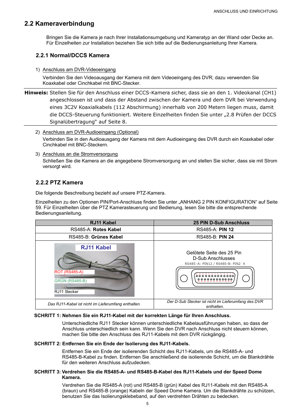 2 kameraverbindung, 1 normal/dccs kamera, 2 ptz kamera | Rj11 kabel, Solder side of 25-pin d-sub connector, Gelötete seite des 25 pin d-sub anschlusses | AGI Security SYS-16A901 User Manual User Manual | Page 318 / 459