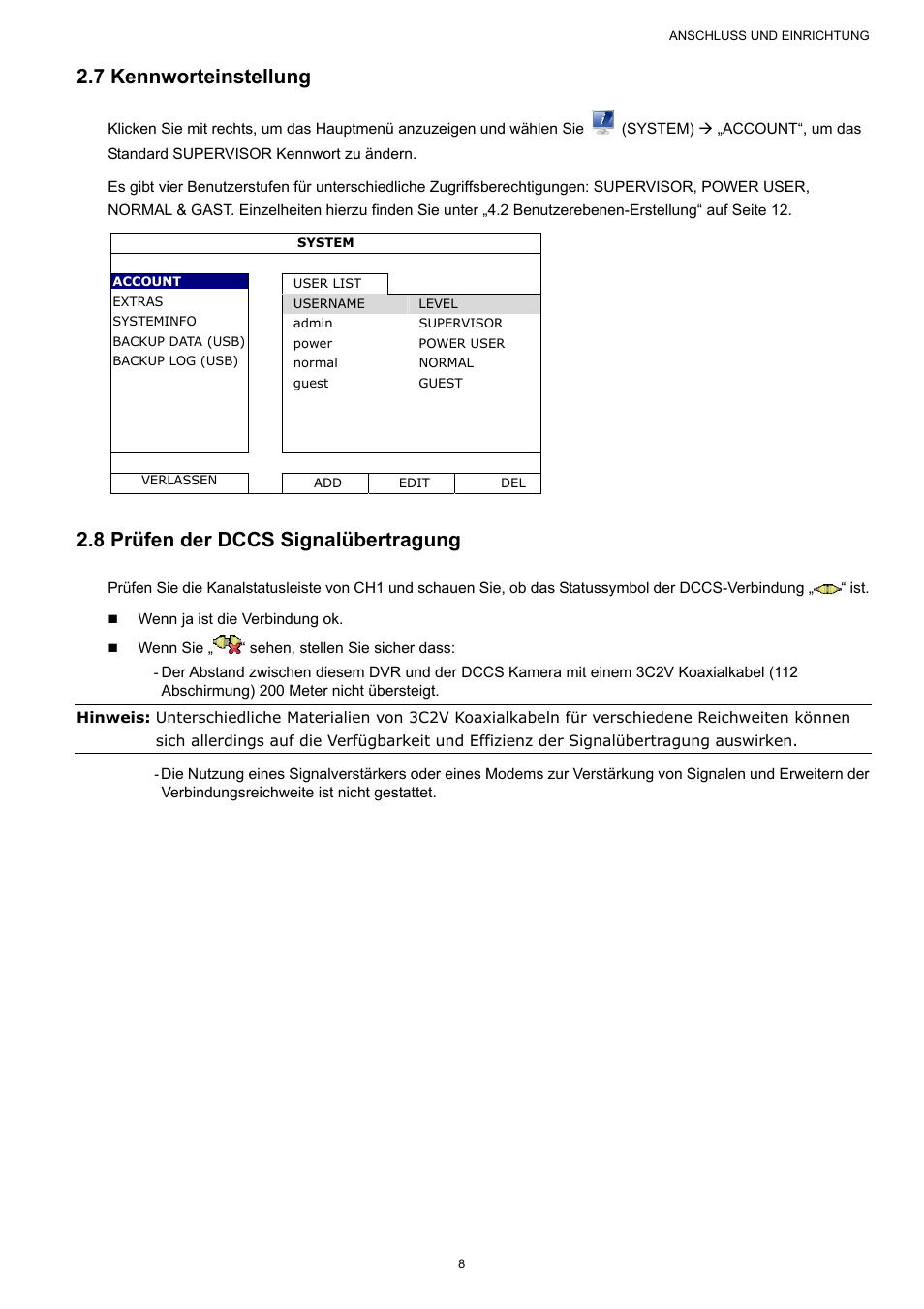 7 kennworteinstellung, 8 prüfen der dccs signalübertragung | AGI Security SYS-16A901 User Manual User Manual | Page 321 / 459