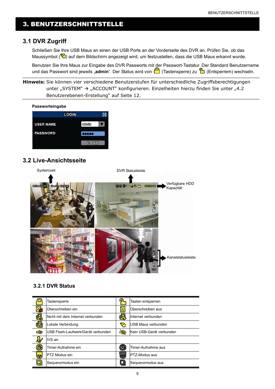Benutzerschnittstelle 3.1 dvr zugriff, 2 live-ansichtsseite, 1 dvr status | AGI Security SYS-16A901 User Manual User Manual | Page 322 / 459