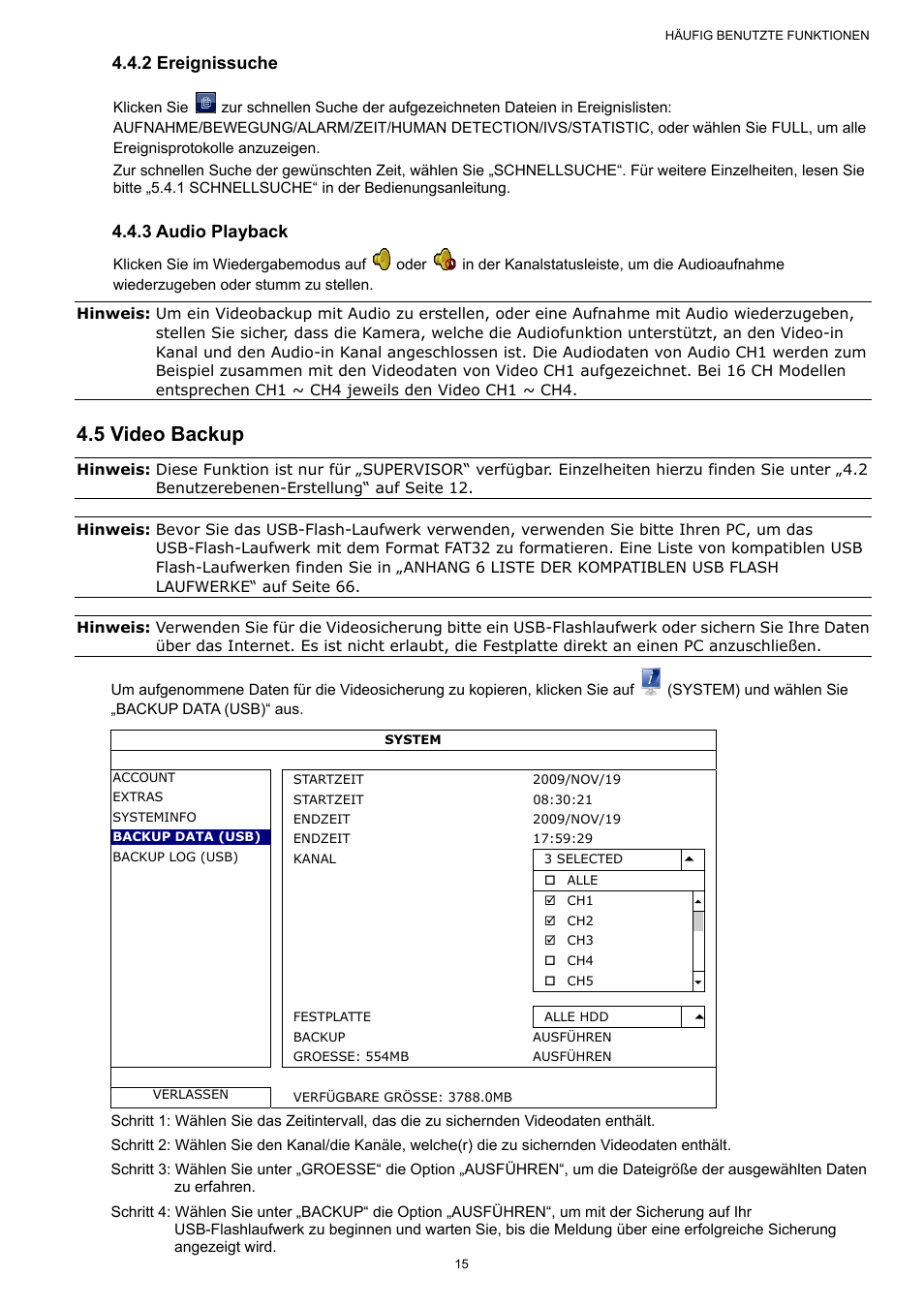 5 video backup, 2 ereignissuche, 3 audio playback | AGI Security SYS-16A901 User Manual User Manual | Page 328 / 459