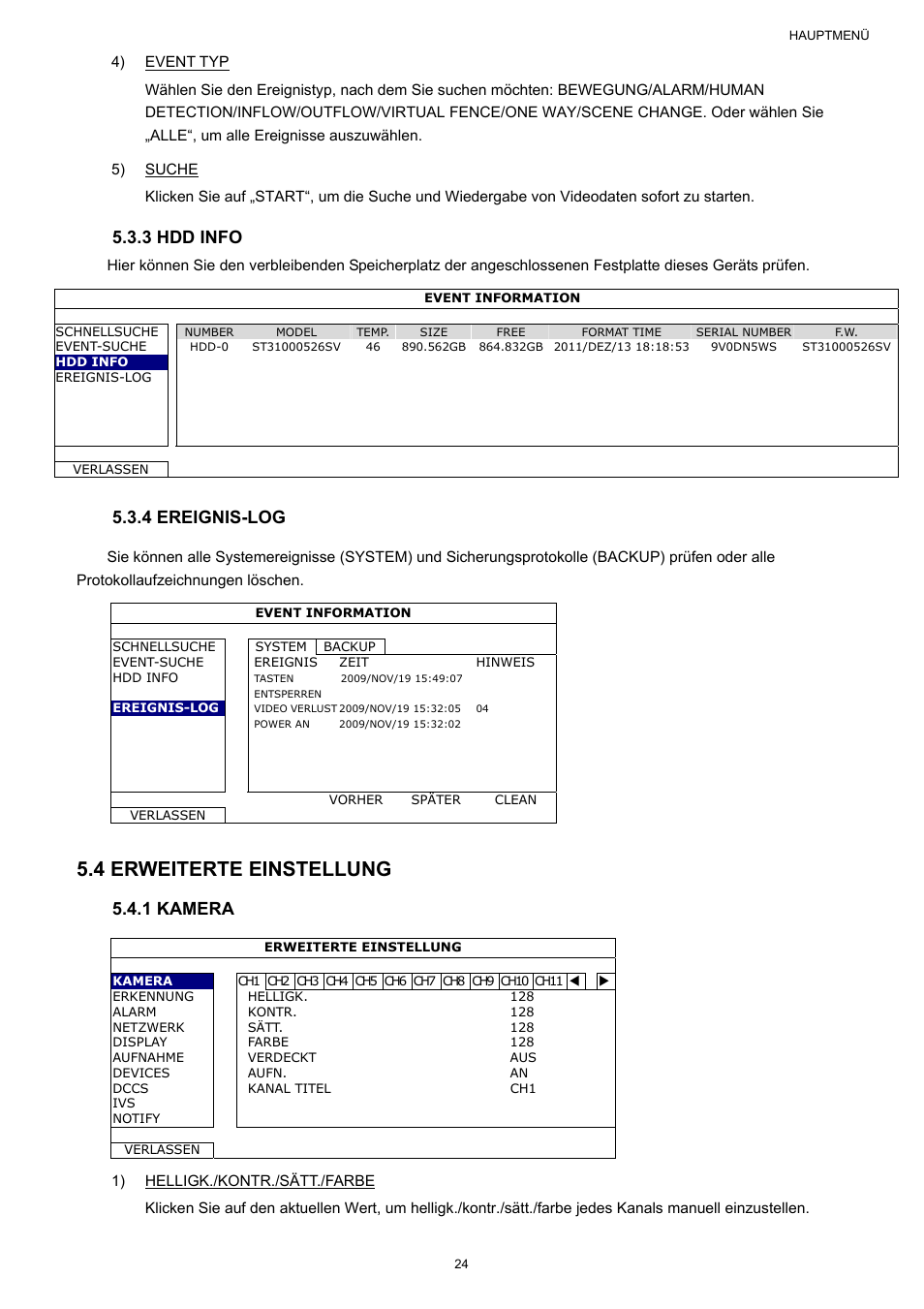 4 erweiterte einstellung, 3 hdd info, 4 ereignis-log | 1 kamera | AGI Security SYS-16A901 User Manual User Manual | Page 337 / 459