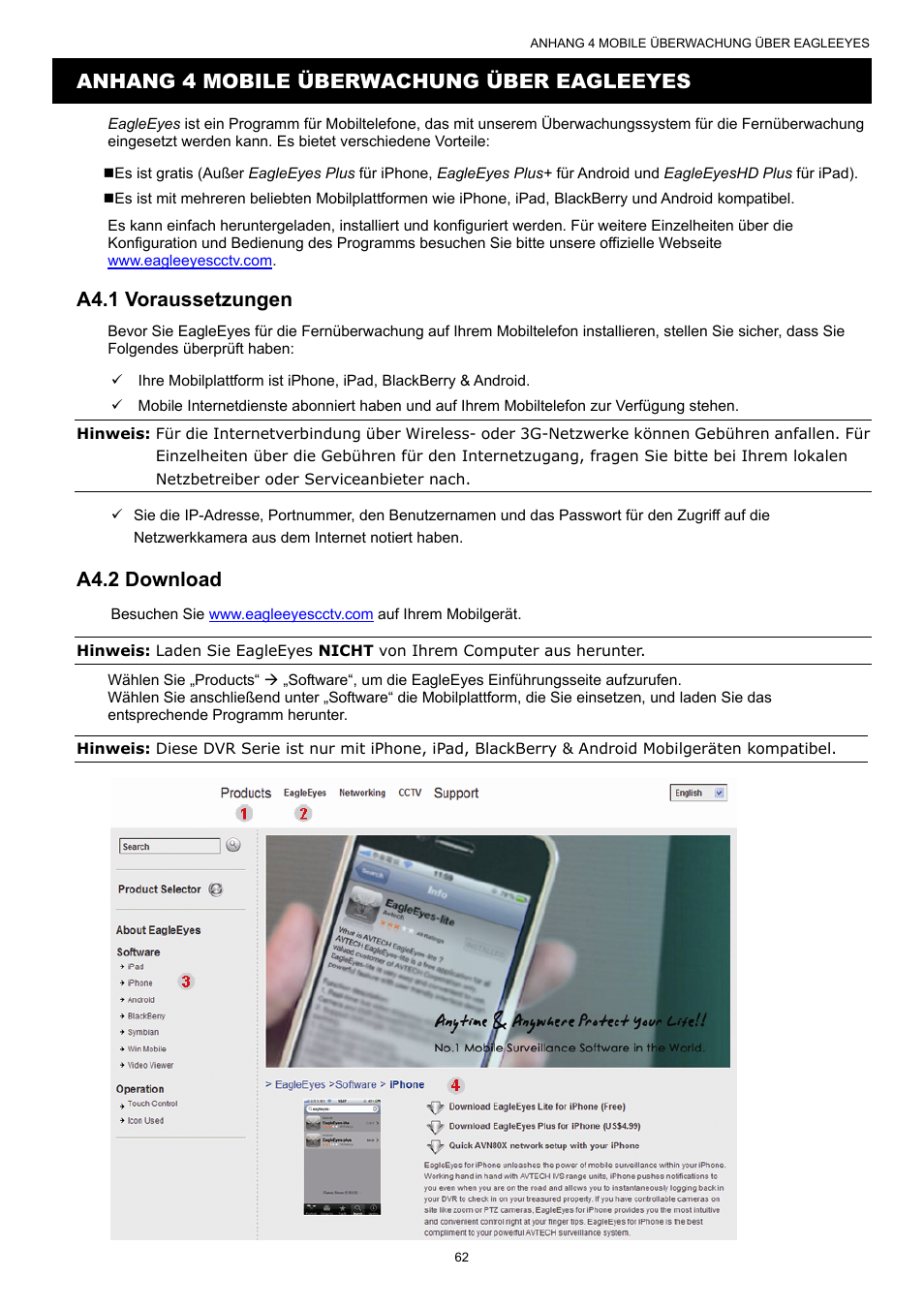 Anhang 4 mobile überwachung über eagleeyes, A4.1 voraussetzungen, A4.2 download | AGI Security SYS-16A901 User Manual User Manual | Page 375 / 459