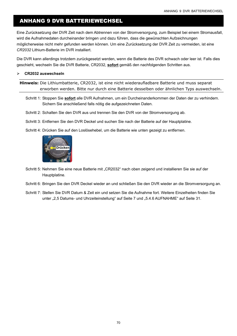Anhang 9 dvr batteriewechsel | AGI Security SYS-16A901 User Manual User Manual | Page 383 / 459
