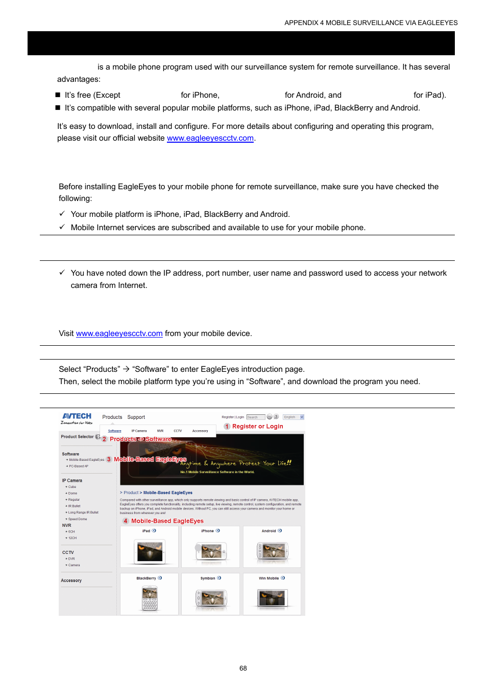 Appendix 4 mobile surveillance via eagleeyes, A4.1 prerequisites, A4.2 where to download | R to “appendix 4 mobile surveillance, Via eagleeyes” at p, Appendix 4 mobile surveillance via eagleeyes” at p | AGI Security SYS-16A901 User Manual User Manual | Page 74 / 459