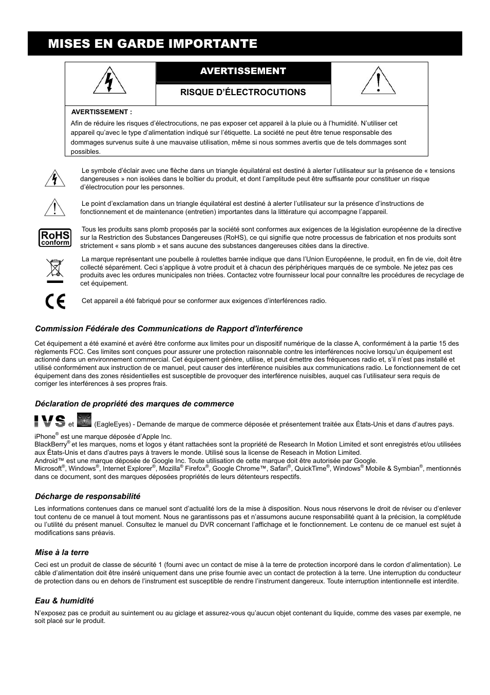 Mises en garde importante, Avertissement, Risque d’électrocutions | AGI Security SYS-16A901 User Manual User Manual | Page 85 / 459