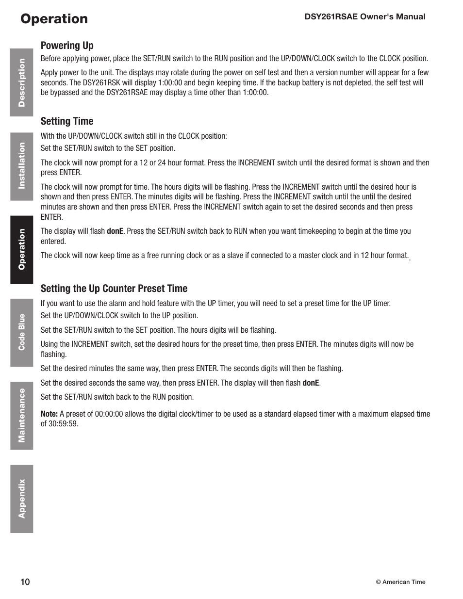 Operation, Powering up, Setting time | Setting the up counter preset time | American Time DSY261RSAE User Manual | Page 10 / 19