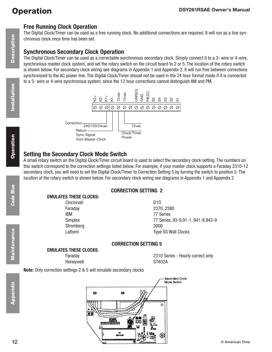 Free running clock operation, Synchronous secondary clock operation, Setting the secondary clock mode switch | Operation | American Time DSY261RSAE User Manual | Page 12 / 19