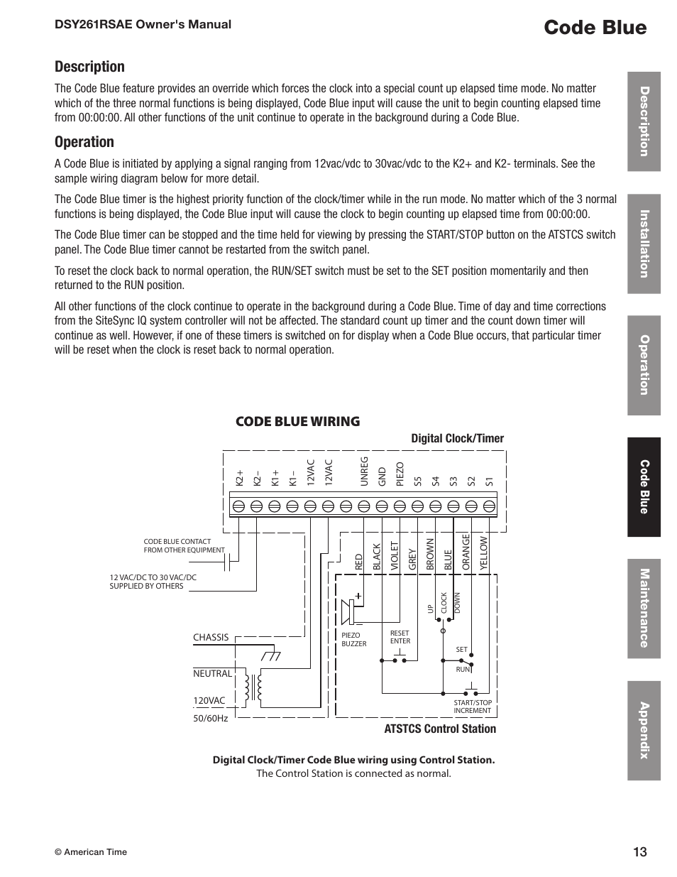 Code blue, Description, Operation & wiring | Operation, Code blue wiring | American Time DSY261RSAE User Manual | Page 13 / 19