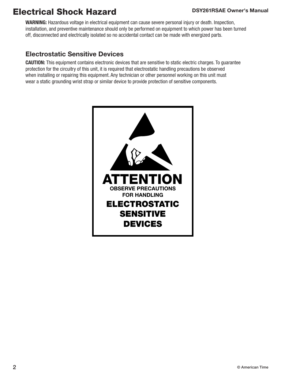 Attention, Electrical shock hazard, Electrostatic sensitive devices | American Time DSY261RSAE User Manual | Page 2 / 19