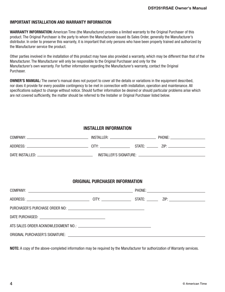 Installation & warranty information | American Time DSY261RSAE User Manual | Page 4 / 19