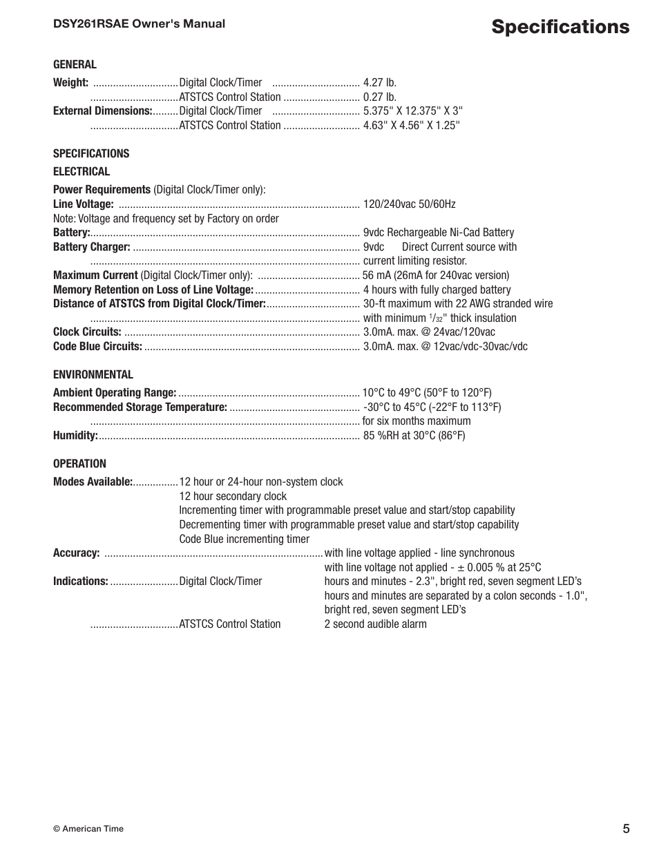 Specifications | American Time DSY261RSAE User Manual | Page 5 / 19