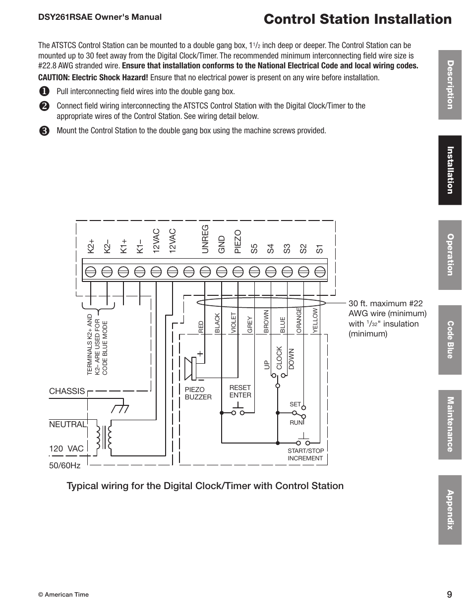 Control station installation | American Time DSY261RSAE User Manual | Page 9 / 19