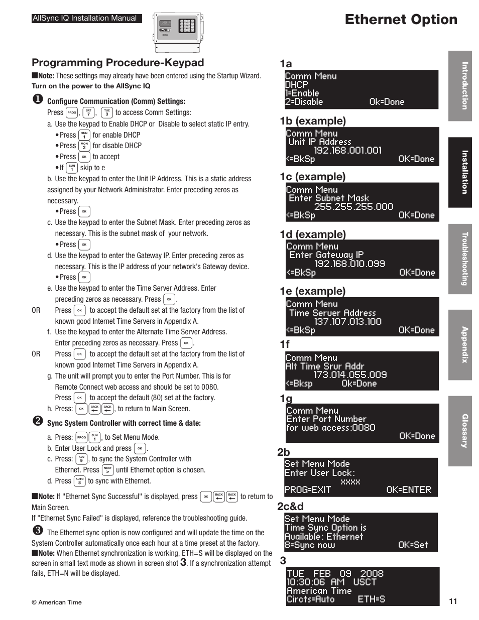 Ethernet option, Programming procedure-keypad, 2b 2c&d | American Time AllSync IQ User Manual | Page 11 / 57