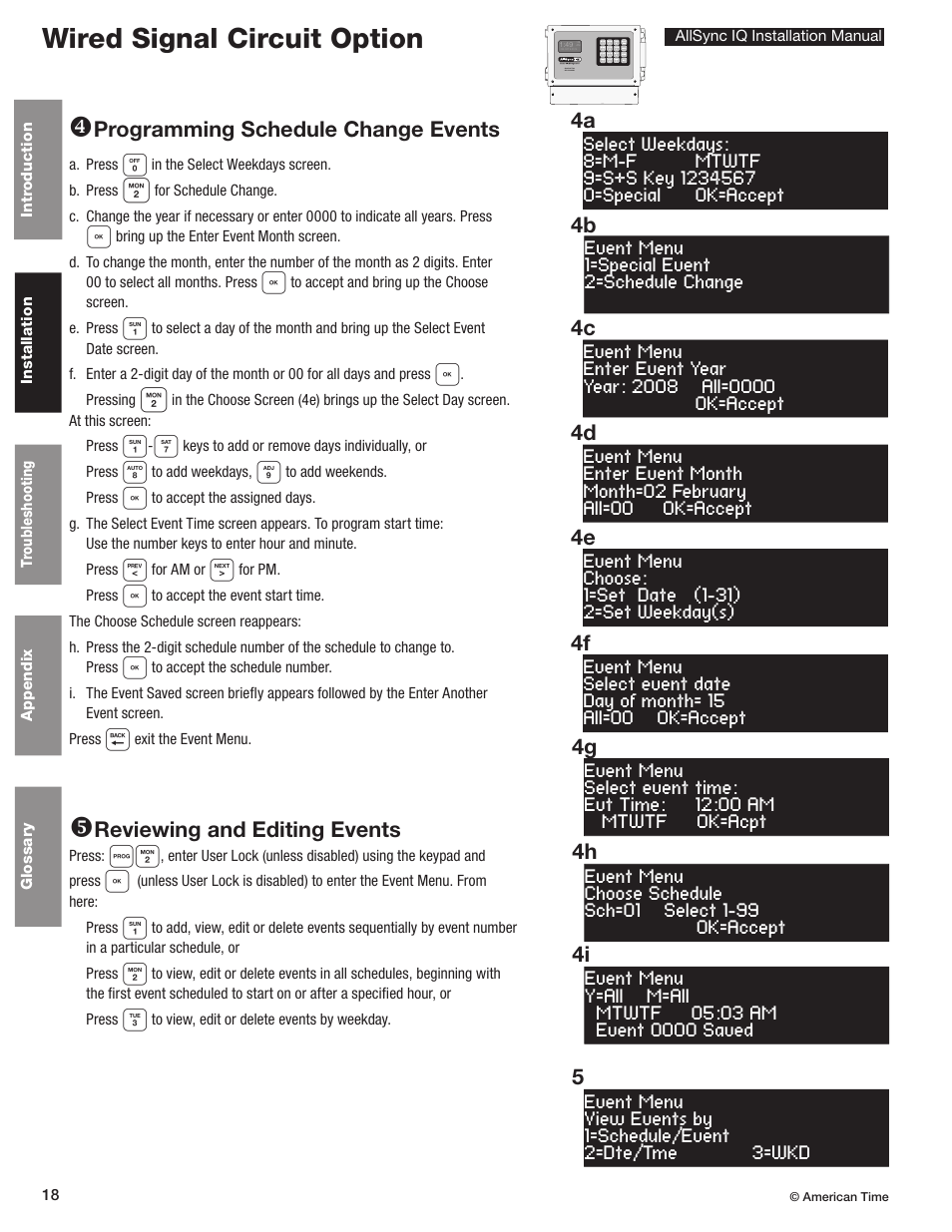 Wired signal circuit option, Reviewing and editing events, Programming schedule change events | 4i 4h | American Time AllSync IQ User Manual | Page 18 / 57